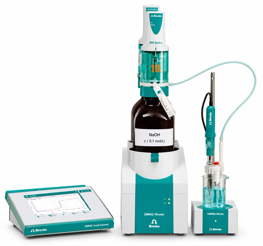 Metrohm automated potentiometric titration system with dosing unit and stirrer