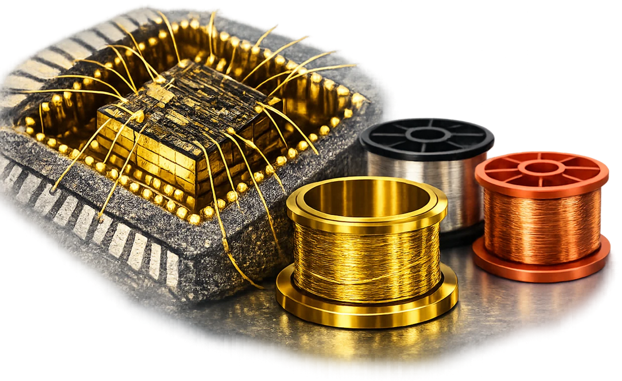 Gold, silver and copper bonding wire spools beside a wire-bonded semiconductor die