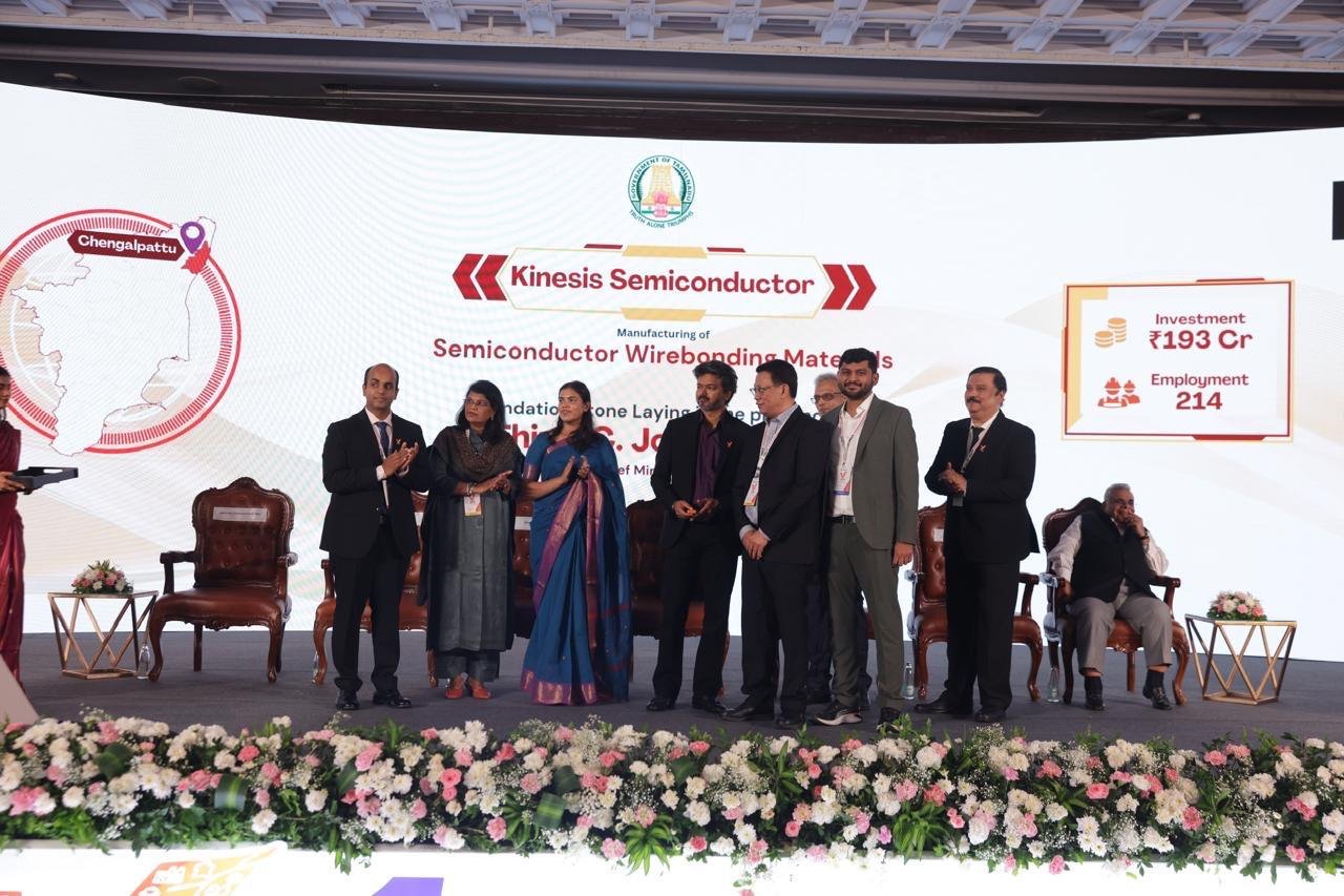Foundation stone laying ceremony on stage at Chengalpattu for the Kinesis Semiconductor wirebonding materials plant